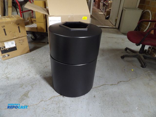 Lot 2-53025 - New commercial trash can: round flat with top opening top, 22", 45gal. container capacity, black, 22...