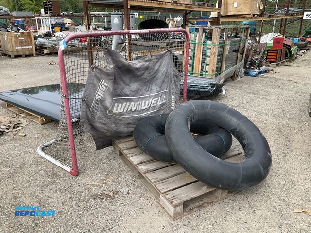 Lot 2-91358 - lot of misc items including river tubes- one has bottom for pets/cooler, hockey net with shooting pa...