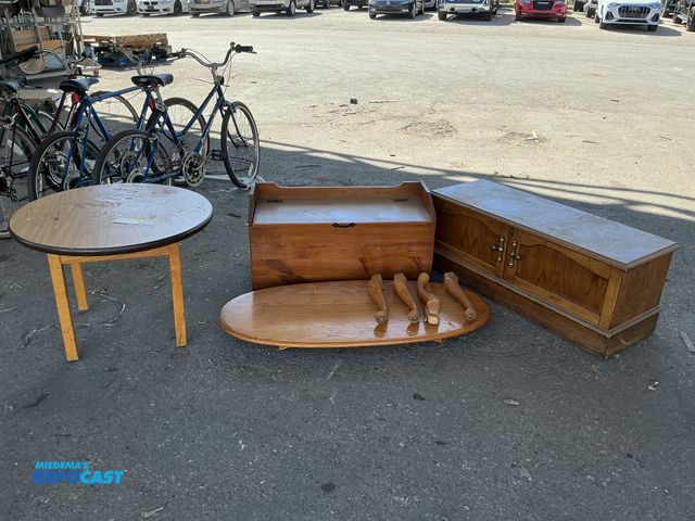 Lot 2-55600 - (4) pieces of furniture. Small round side table- 30” diameter x 21”tall. Storage bench-35 1/2” wide ...
