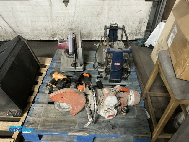 Lot 2-76975 - Skid lot of various tools including a bostitch nail gun, Chicago 14” cut-off saw, and more
