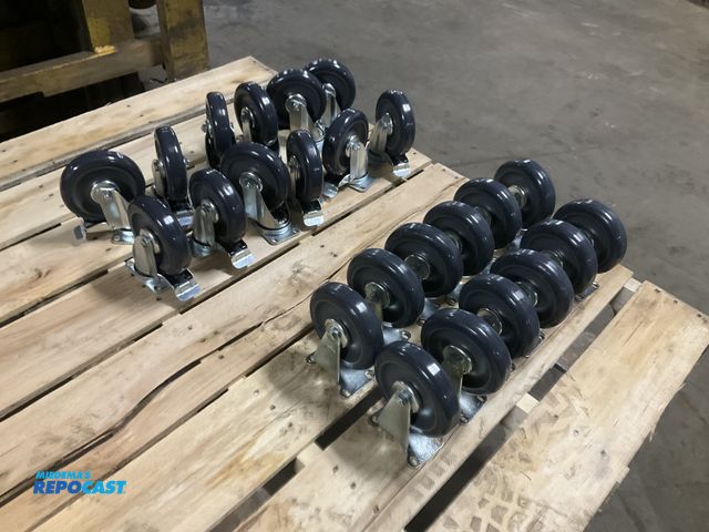 Lot 2-22024 - (24) new 5” x 1.25” urethane tread casters (twelve swivel and twelve rigid), ball bearings, the swiv...