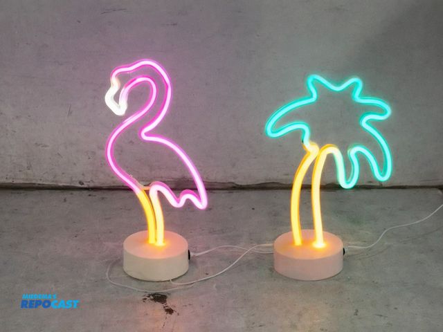 Lot 2-60472 - Lot of (2) Sofunii decorative LED battery powered lamps, (1) is a palm tree, and (1) is a flamingo o...