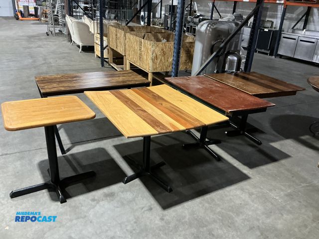 Lot 2-55165 - Lot of (5) assorted wood top tables includes 42“ x 37“ (1) 25.5” x 25.5” (1) 48” x 24” (1) 36” x 36”...