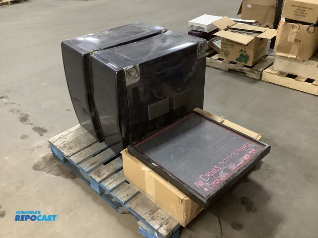 Lot 2-73444 - (2) navy washing/drying machine storage drawers, a 120V/60Hz electric sign, and (5) wooden framed 19...