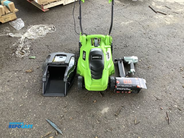 Lot 2-93613 - Skid lot includes of metabo hpt nail gun, GH heavy duty nitrile gloves, earthwise electric lawnmower...
