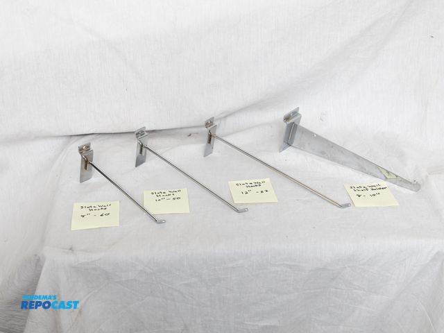 Lot 2-11108 - Slat Wall Hangers - abt 140 - 60 8" hooks, 50 10" hooks, 22 12" hooks, &amp; 8 10" shelf holders