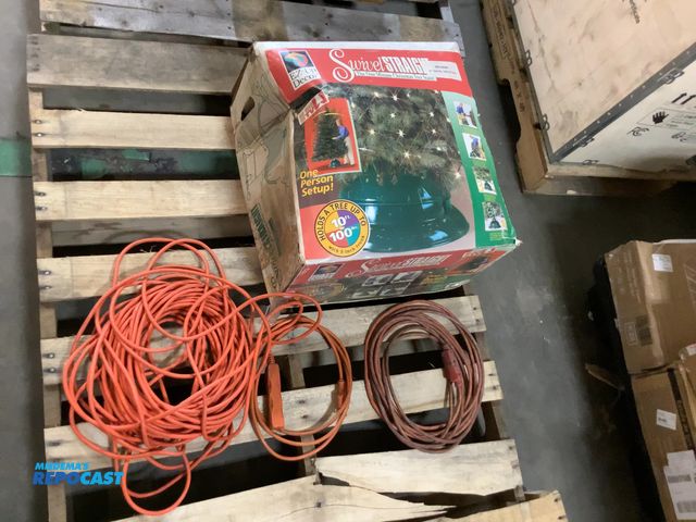 Lot 2-68882 - Lot of (3) power cables and (1) vintage Swivel Straight Christmas tree stand