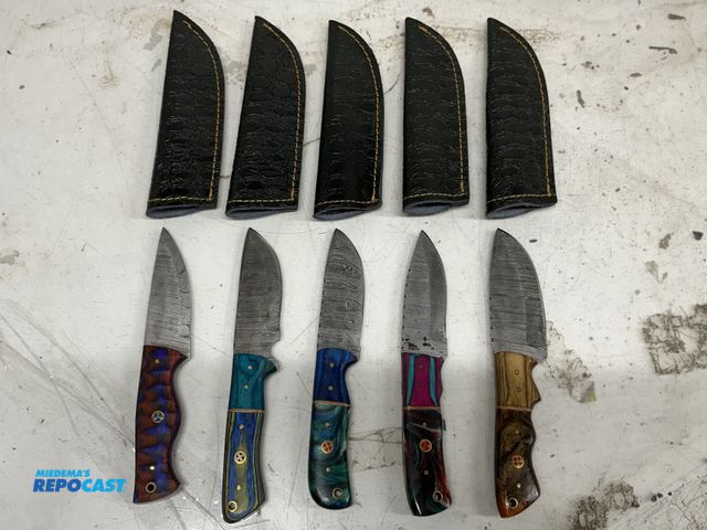 Lot 2-92167 - Lot of (5) Collectible 4” blade Damascus knives w/ black leather sheathes