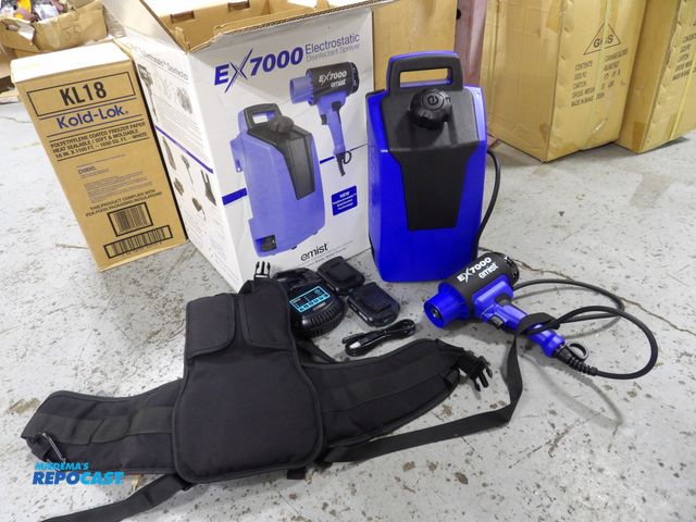Lot 2-53976 - new in box emist EX7000 disinfectant sprayer with backpack, harness, 2 batteries, charger, and train...