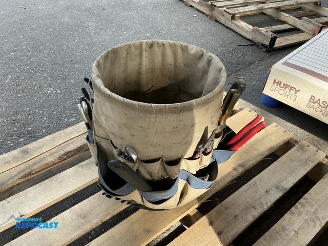 Lot 2-67529 - 2 buckets with pouches and various tools like screw drivers, pliers, etc. and a skil drill
