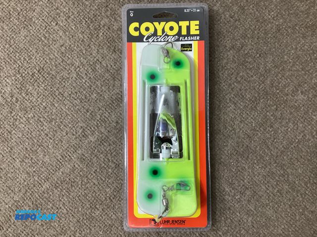 Lot 2-63251 - New COYOTE Cyclone Flasher Lure. Glow in the dark Everglo.  8.25” Size 0