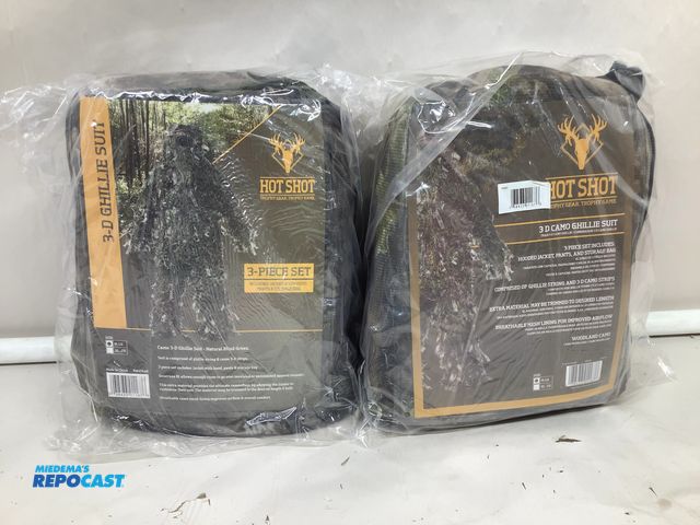 Lot 2-13858 - Lot of (2) packs hot shot 3pc (jacket with hood, pants, and storage bag) 3D ghillie suit size M/LG