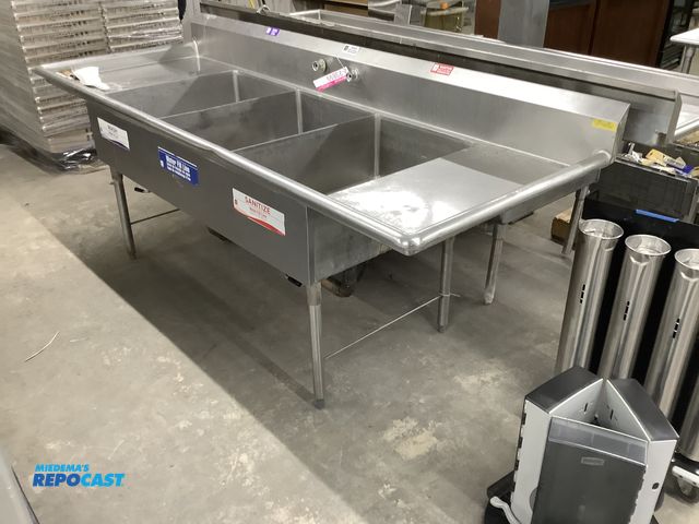 Lot 2-23899 - Stainless Steel 3 Basin Sink, 8’ long by 34” deep, each basin is 30” by 20” by 11” deep.