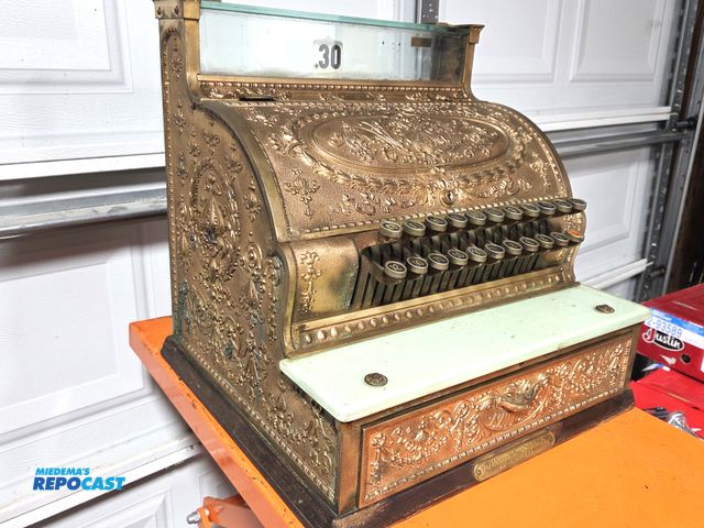 Lot 2-93592 - antique brass National Cash Register model 332. buttons work and drawer comes open.