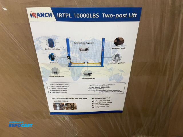 Lot 2-42531 - New IRANCH IRTPL 10,000 lb Capacity Two-Post Vehicle Lift, 1800 MM Lifting Height, Posts are 106-1/2...
