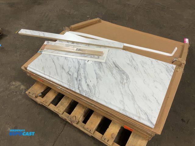 Lot 2-23846 - (4) Hampton Bay 4’ Laminate Countertops, Calcutta Marble Laminate, comes with backsplash piece and e...