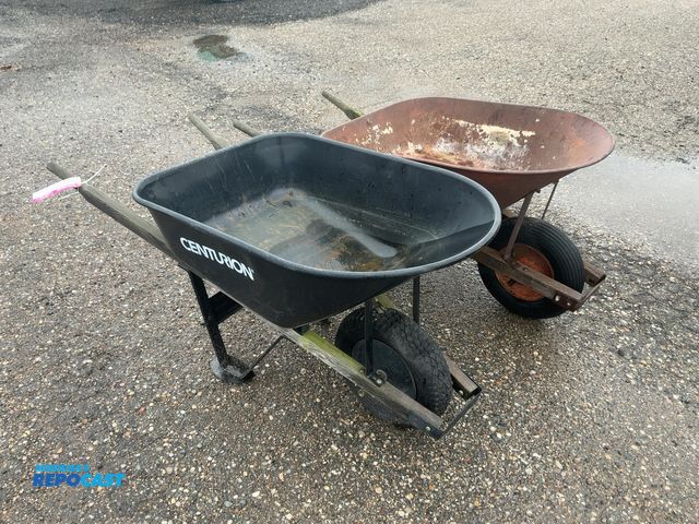 Lot 2-20017 - (2) Used Metal Tub Wheel Barrows, one has flat tire, one has rust holes in tub