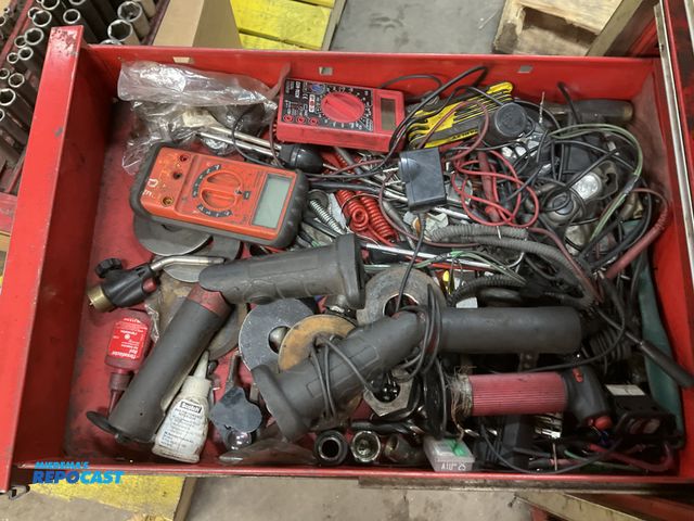 Lot 2-17008 - Lot of asst. used tools and components includes: angle grinder, multimeters, fasteners, washers, mis...