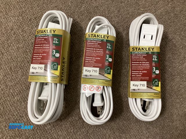 Lot 2-63224 - Three new Stanley Cordmax 15 foot white indoor extension cords. Three outlet. Outlets have safety co...