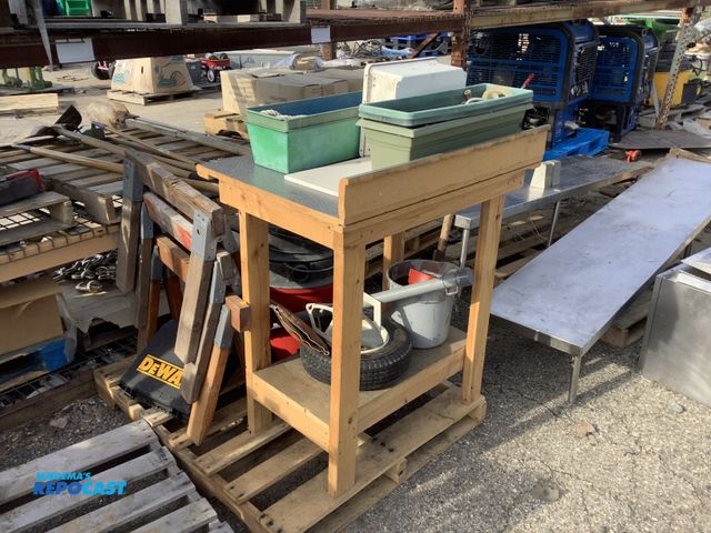 Lot 2-67515 - lot of items including saw horses, table, shop vac, sprinkling system, 4.80x4.00 trailer tire, greas...