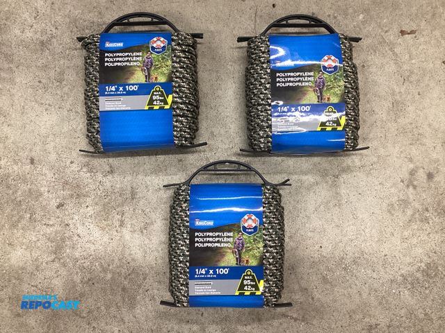 Lot 2-27521 - 3 spools of KingCord 1/4” X 100’ Polypropylene Diamond Braid rope. 95lb working load. Camouflage