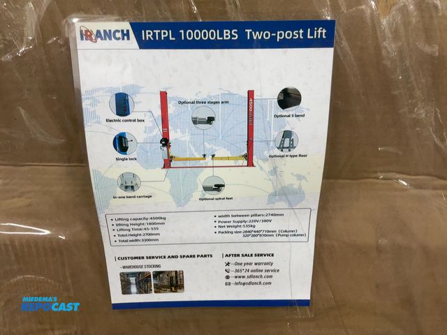 Lot 2-42141 - New IRANCH IRTPL 10,000 lb Capacity Two-Post Vehicle Lift, 1800 MM Lifting Height, Posts are 106-1/2...