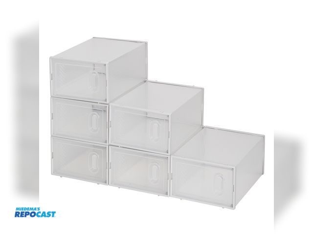 Lot 2-79832 - 6 Attelite clear drop front plastic stackable shoe box covers for display