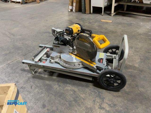 Lot 2-62936 - dewalt DW708 12" dual-level sliding compound miter saw on a ridgid MS-UV wheeled stand