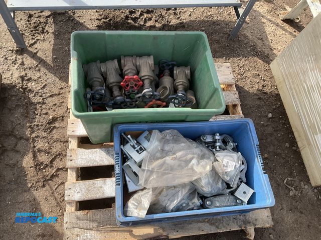 Lot 2-19845 - Skid lot of 2 pastiche bins of industrial parts including: ultra pure valves UPBA-475B and Dixon ass...
