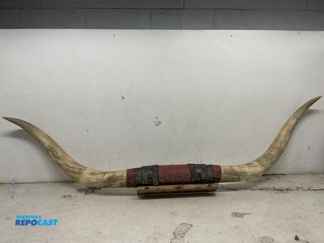 Lot 2-63362 - Vintage 69" Wide Authentic Leather Wrapped Texas Longhorn Steer Wall Mount Horns