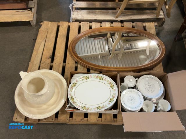 Lot 2-74950 - Lot of porcelain dishes, such as plates &amp; teacups, an oval mirror, &amp; a large pitcher with ma...