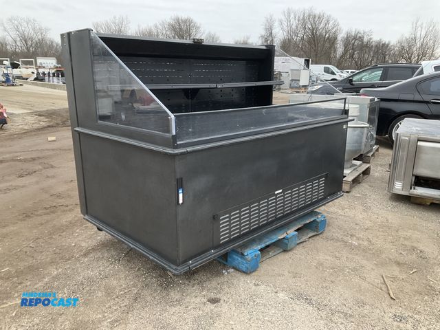 Lot 2-60836 - (1) killion industries Black food display case temperature control 3 sections 2 shelves long 4 wheel...