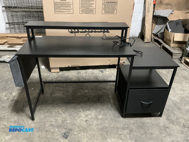 Lot 2-96559 - Black Wooden Desk with metal frame and 1 drawer and charging spot