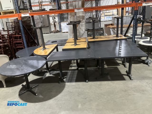 Lot 2-55148 - Lot of (15) various restaurant tables with solid wood tops that have been painted black, and metal l...
