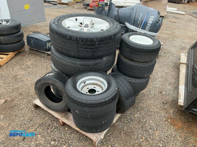 Lot 2-37001 - Skid of Assorted Trailer Tires and Car Tires, all have rims except for one
