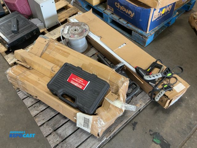 Lot 2-18285 - Skid Lot of Assorted Tools, Light Bars, 500’ Cable, and Safety Cones