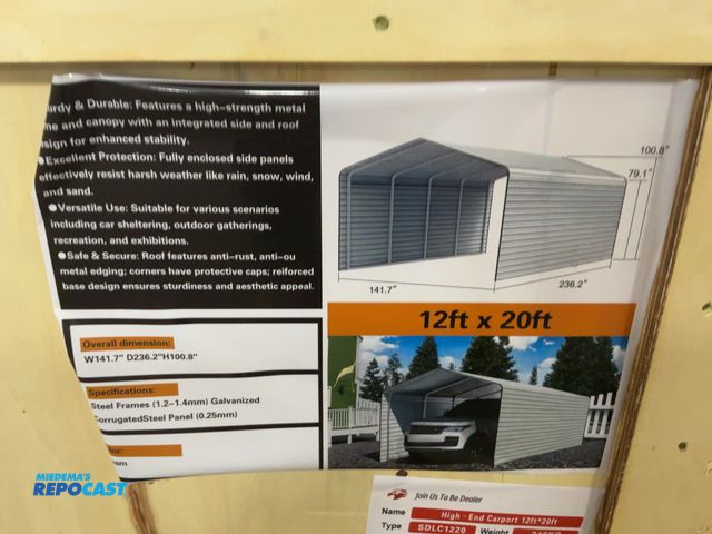 Lot 2-41136 - New SDLANCH 12’x20’ Carport with Enclosed Sidewalls, Cream Color, 141.7” wide x 236.2” deep x 100.8”...