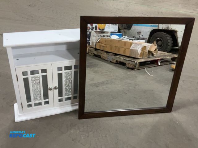 Lot 2-93607 - White Wooden 2-door Elegant Home Fashions Wall Cabinet measuring 20.5” x 6.5” x 24” and a Wall Mirro...