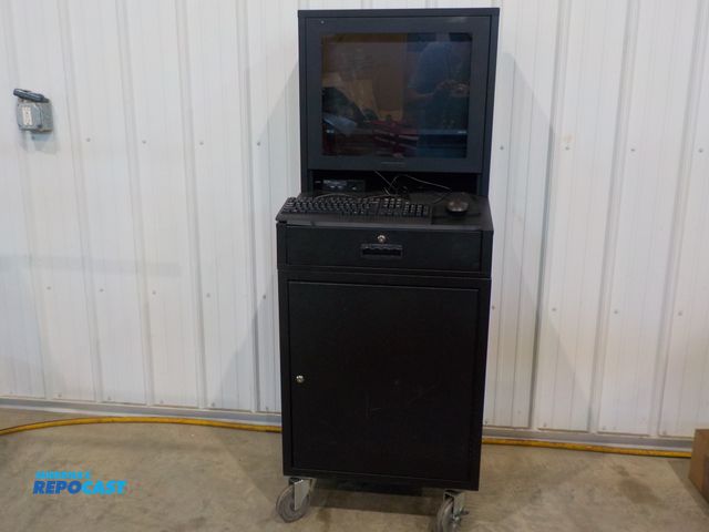 Lot 2-34248 - Enclosed computer work station. One drawer. Locking castors. Samsung monitor. Keys. Two Think Center...