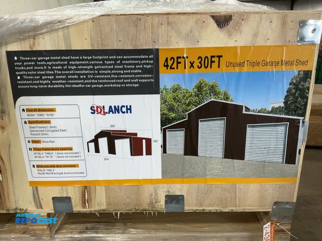 Lot 2-43686 - New SDLANCH 42’ x 30’ Triple Garage Metal Shed, Wine Red, NO DOORS INCLUDED, 1.5 MM Steel Frame, 0.3...