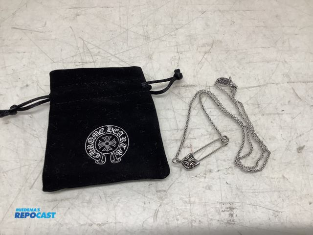 Lot 2-74029 - New Chrome Heart sterling silver safety pin necklace, roll chain