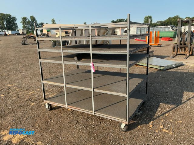 Lot 2-20897 - Metal 5-tier Shelving Unit on Casters, wood with carpet shelves, carpet coming off in spots, 6'x4'x7...