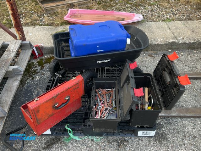 Lot 2-14715 - Skid lot of miscellaneous items including Yardworks wagon, (2) igloo 6 gal. jugs, and (3) tool boxes...