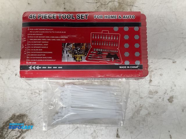 Lot 2-60954 - (1) New 46-piece tool set with plastic case and a small package of 4” cable ties.