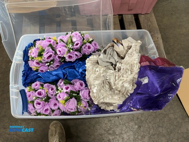 Lot 2-96523 - Tote of Banquet Decorations, including Artificial Flowers, Table Runners, Dinnerware, and More