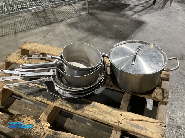 Lot 2-55081 - Lot of assorted stainless steel and aluminum pans including (1) Winco 10qt. Sauce pan with lid, (3) ...