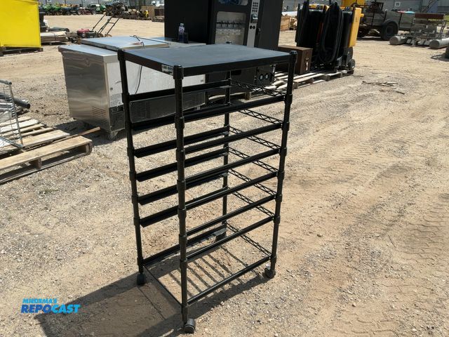 Lot 2-10778 - (2) Black shelves are 18x24x48”, other is 18x24x37” Metal shelving units for 15" parts bins
