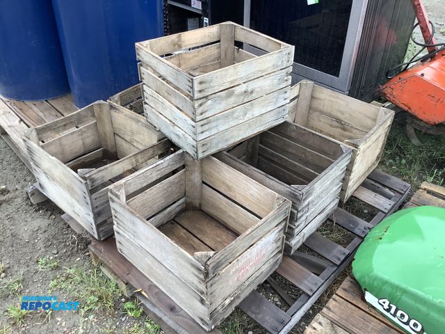 Lot 2-27362 - vintage wooden farm apple crates, total of 7 wooden peach crates, one bushel of field crates