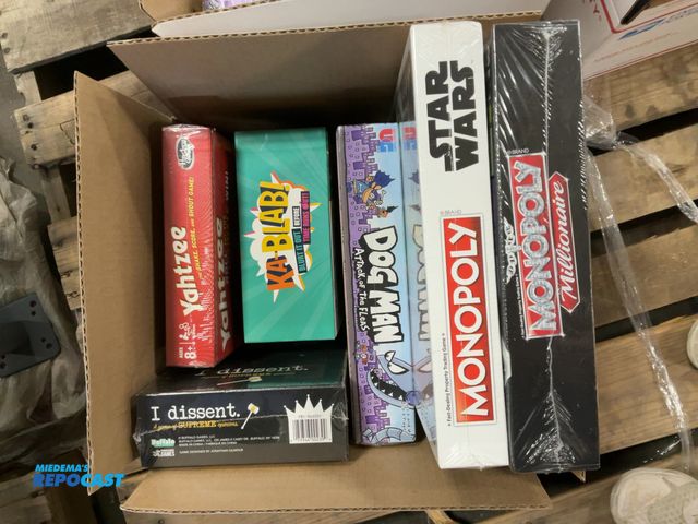 Lot 2-67774 - Box of assorted board games: monopoly, Yahtzee, Ka-Blab, Dogman, and I Dissent
