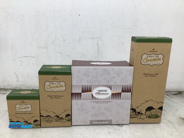 Lot 2-93509 - Lot of (4) kiddie car corner collection with a sidewalk sales signs, pedal petroleum gas pump, sidew...